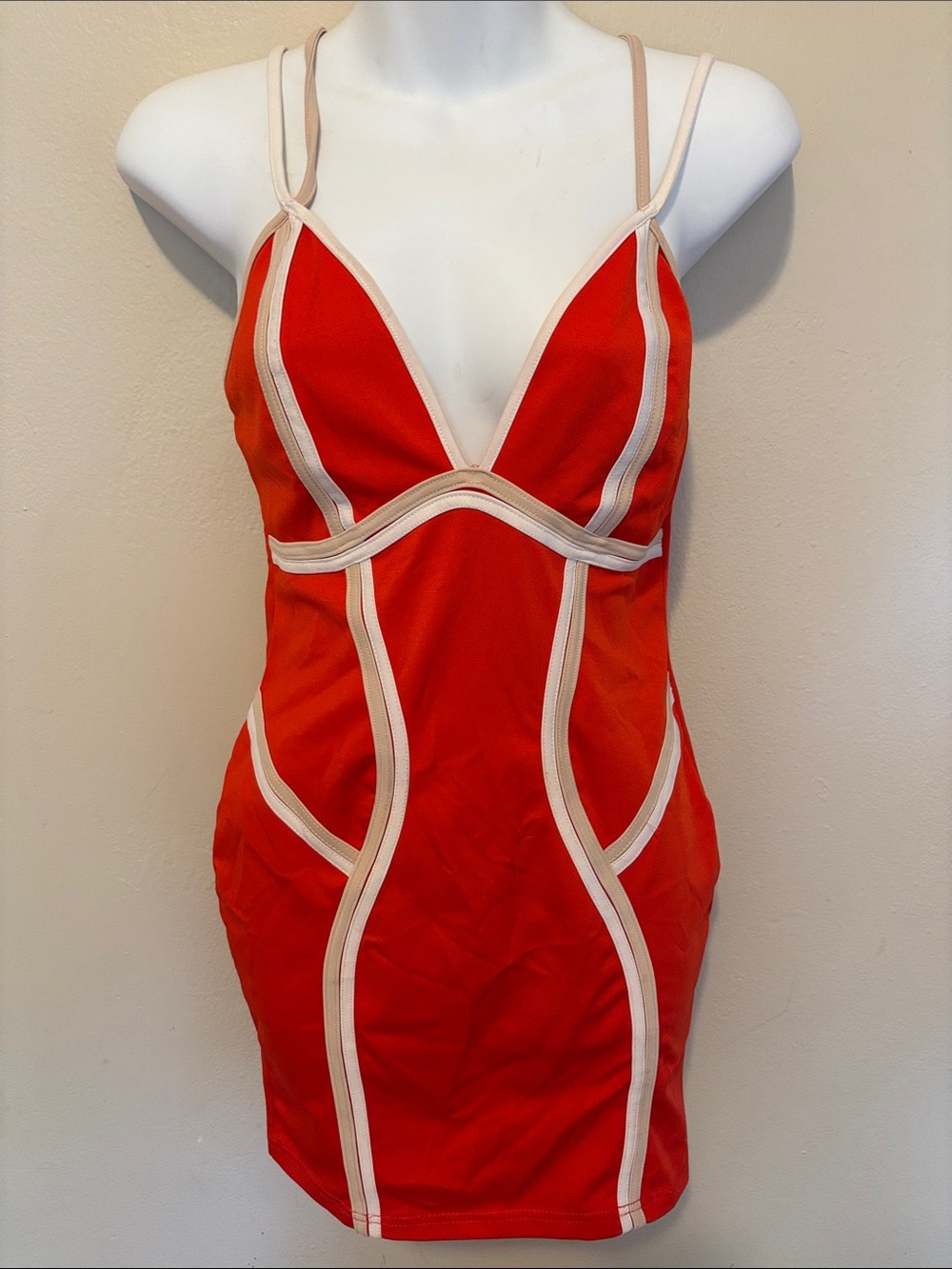 privy Red Bodycon Mini Dress with Cream Trim